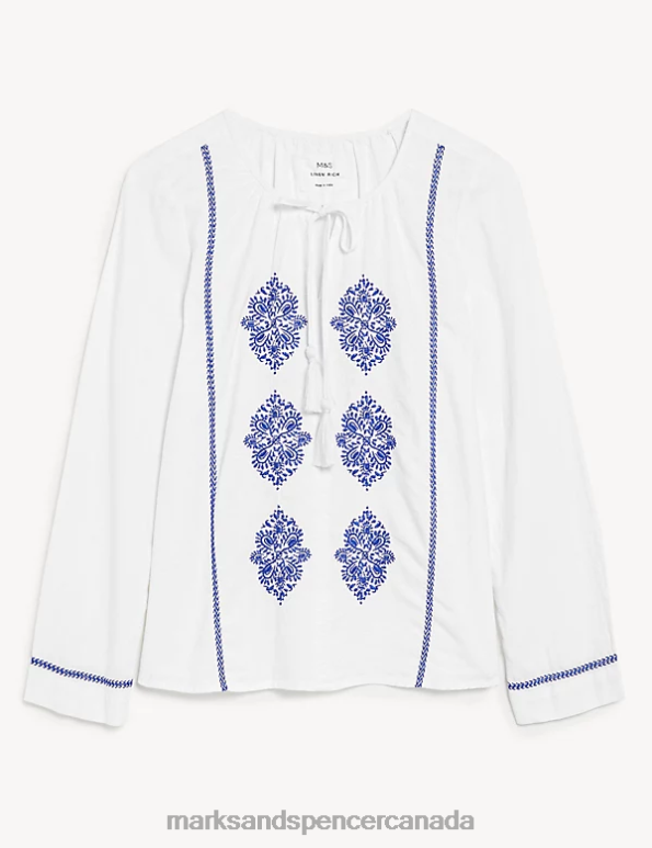 Women White Clothing Marks & Spencer Linen Rich Embroidered Tie Neck Blouse 20VTD2148 - Marks and Spencer Canada locations