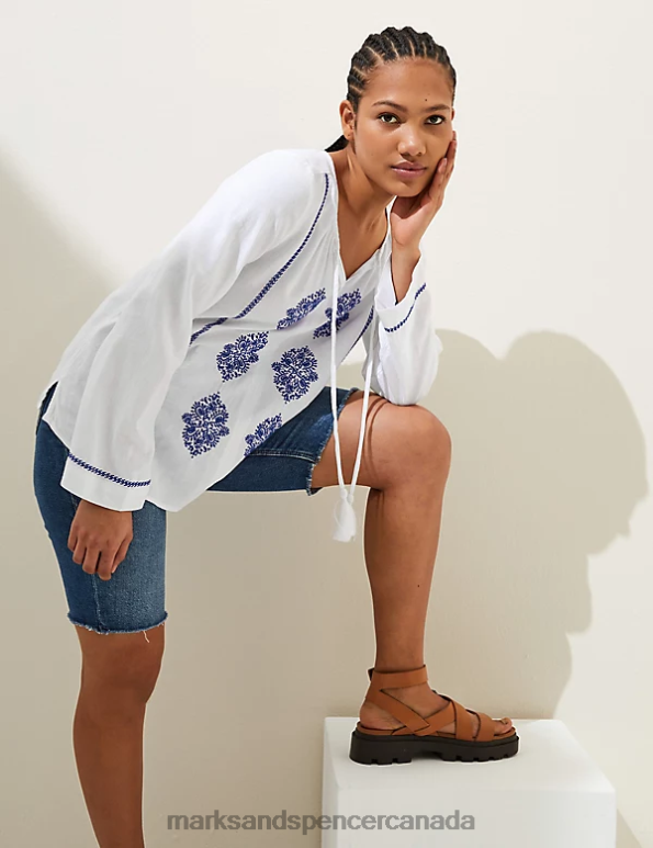 Women White Clothing Marks & Spencer Linen Rich Embroidered Tie Neck Blouse 20VTD2148 - Marks and Spencer Canada locations