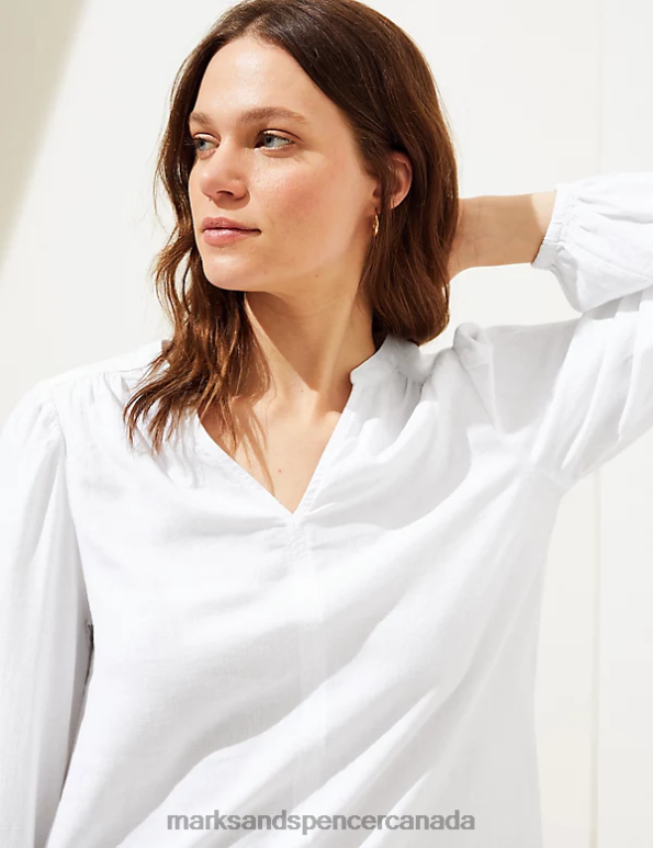 Women White Clothing Marks & Spencer Linen Rich V-Neck Blouson Sleeve Blouse 20VTD1586 - Marks and Spencer online
