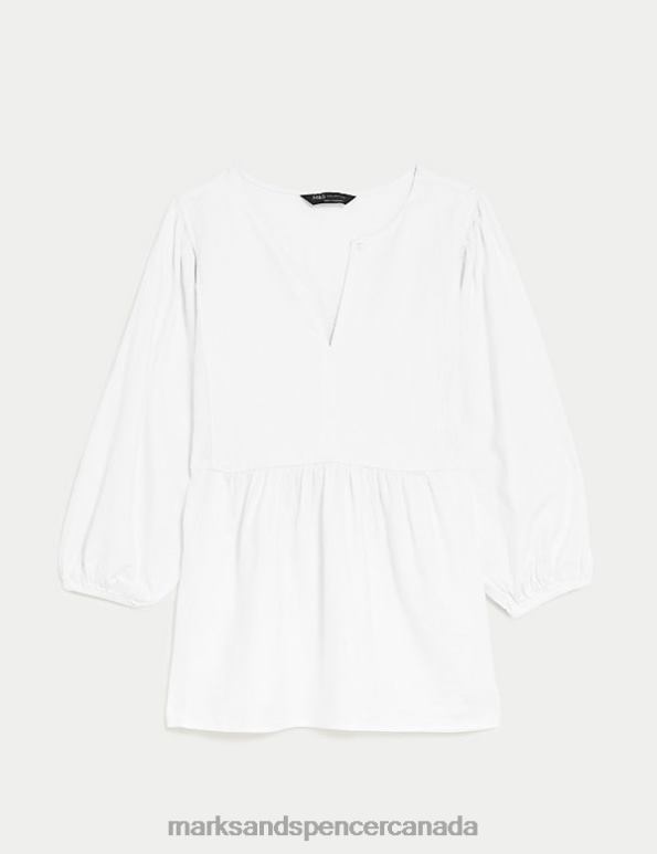 Women White Clothing Marks & Spencer Linen Rich V-Neck Puff Sleeve Blouse 20VTD81 - Marks and Spencer outlet