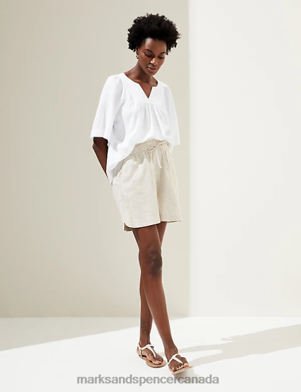 Women White Clothing Marks & Spencer Linen Rich V-Neck Relaxed Blouse 20VTD1962 - Marks and Spencer Canada locations