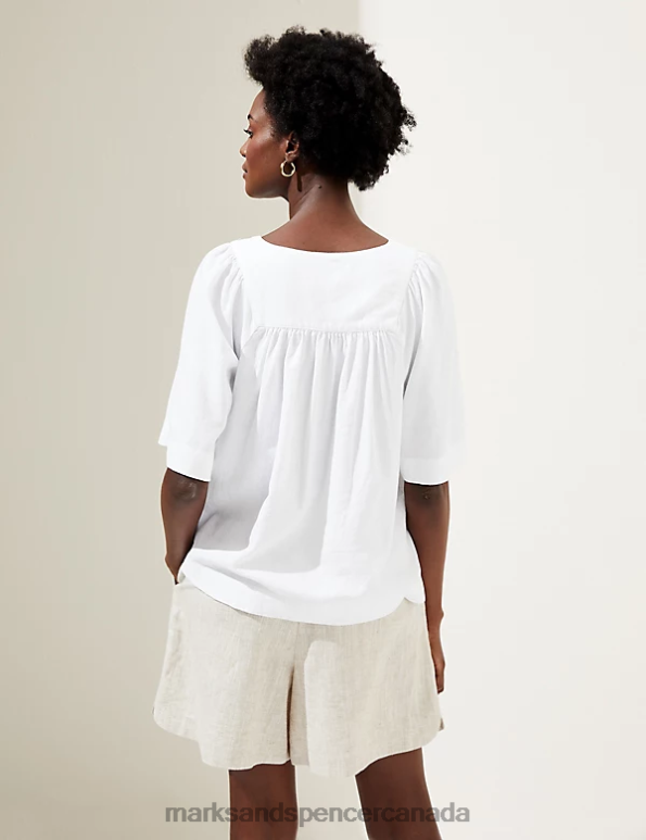 Women White Clothing Marks & Spencer Linen Rich V-Neck Relaxed Blouse 20VTD1962 - Marks and Spencer Canada locations