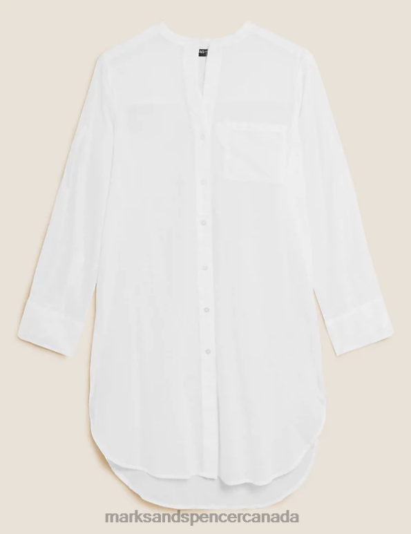 Marks and Spencer Canada - Women White Clothing Marks & Spencer Pure Cotton Collarless Beach Cover Up Shirt 20VTD742