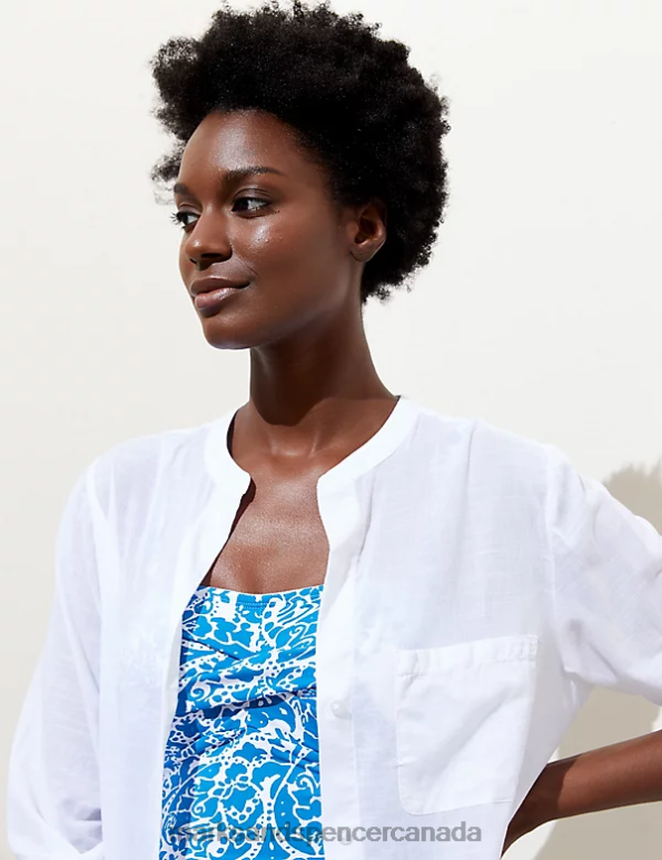 Marks and Spencer Canada - Women White Clothing Marks & Spencer Pure Cotton Collarless Beach Cover Up Shirt 20VTD742