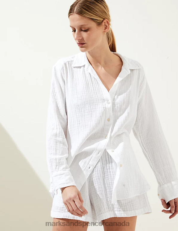 Marks and Spencer sale - Women White Clothing Marks & Spencer Pure Cotton Textured Beach Shirt 20VTD993