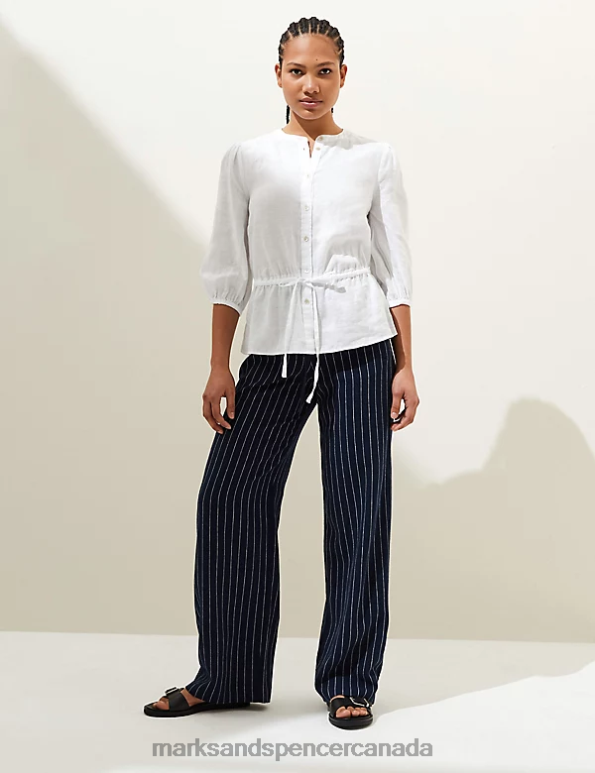 Women White Clothing Marks & Spencer Pure Linen Round Neck Waisted Blouse 20VTD353 - Marks and Spencer online