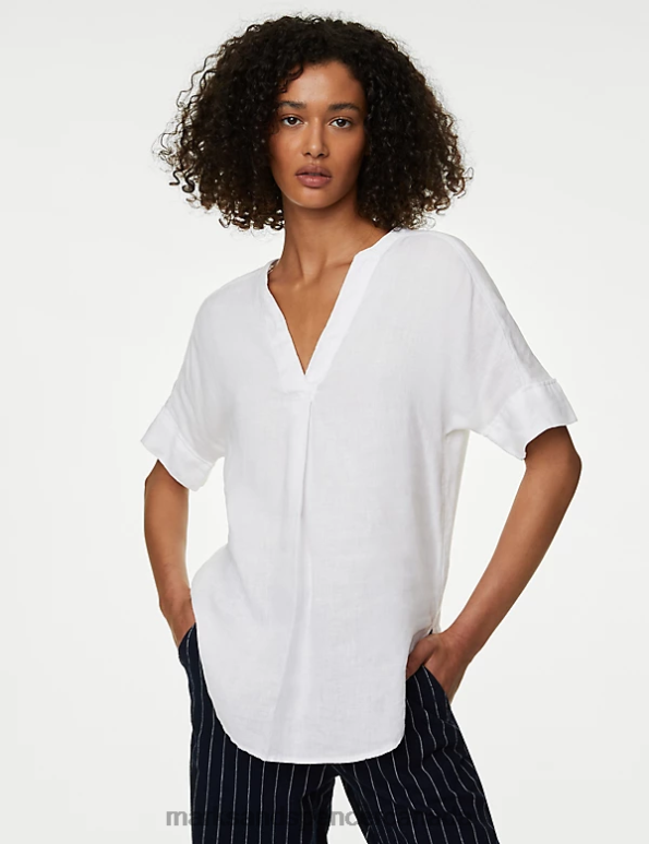 Women White Clothing Marks & Spencer Pure Linen Short Sleeve Popover Blouse 20VTD2100 - Marks and Spencer online