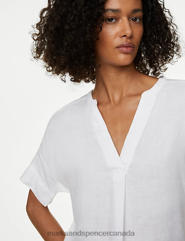Women White Clothing Marks & Spencer Pure Linen Short Sleeve Popover Blouse 20VTD2100 - Marks and Spencer online