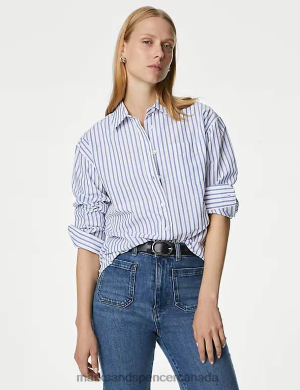 Marks and Spencer near me - Women White Mix Clothing Marks & Spencer Cotton Blend Striped Collared Shirt 20VTD555