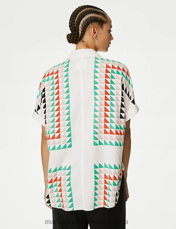 Women White Mix Clothing Marks & Spencer Linen Rich Printed Shirt 20VTD898 - Marks and Spencer outlet