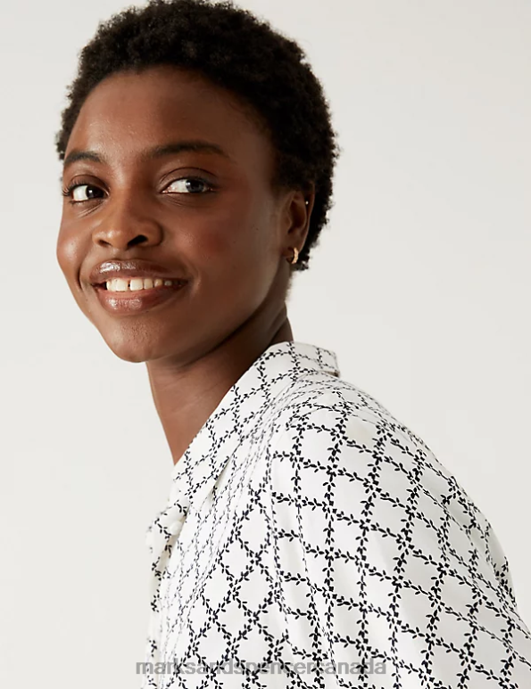 Women White Mix Clothing Marks & Spencer Printed Collared Long Sleeve Shirt 20VTD3127 - Marks and Spencer Canada locations