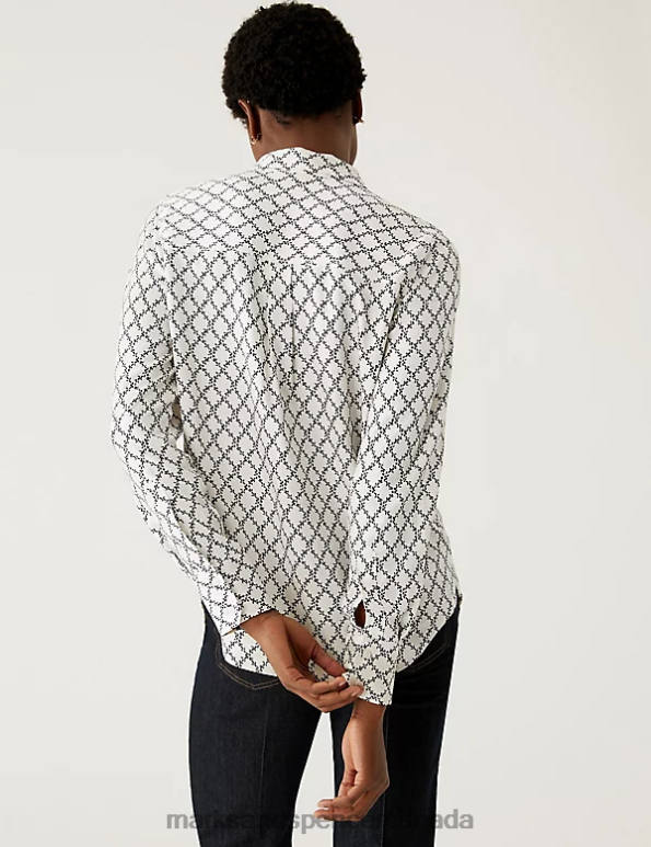 Women White Mix Clothing Marks & Spencer Printed Collared Long Sleeve Shirt 20VTD3127 - Marks and Spencer Canada locations