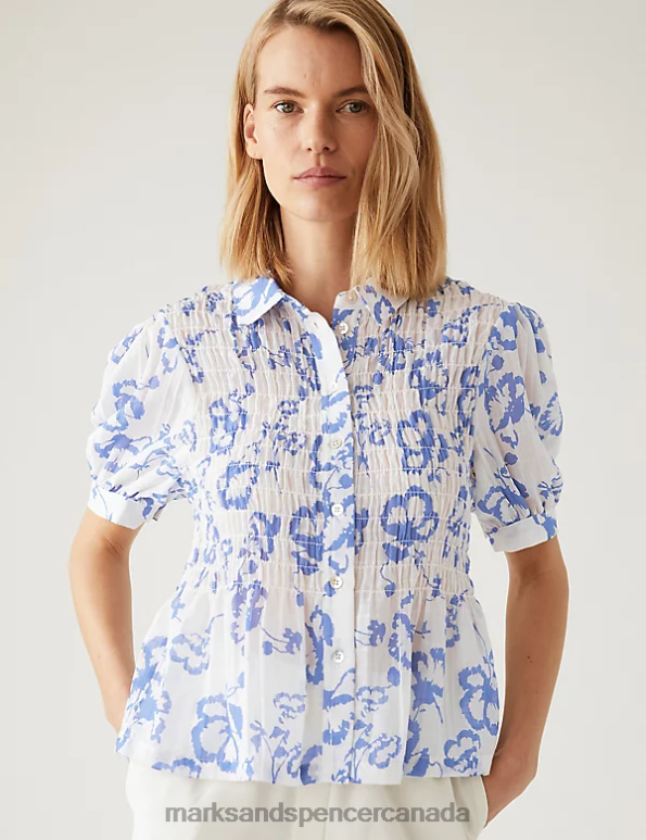 Women White Mix Clothing Marks & Spencer Printed Collared Shirred Puff Sleeve Blouse 20VTD2268 - Marks and Spencer Canada locations