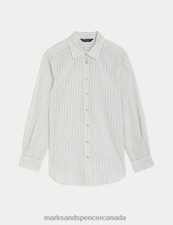 Women White Mix Clothing Marks & Spencer Pure Cotton Striped Collared Shirt 20VTD2702 - Marks and Spencer online