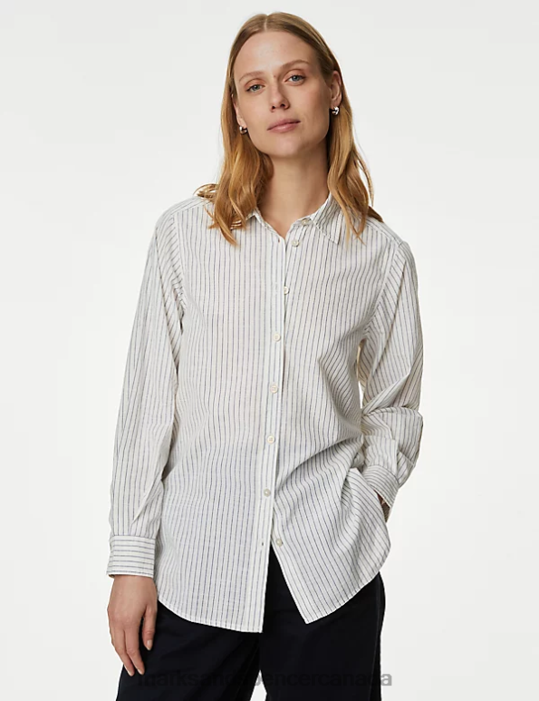 Women White Mix Clothing Marks & Spencer Pure Cotton Striped Collared Shirt 20VTD2702 - Marks and Spencer online