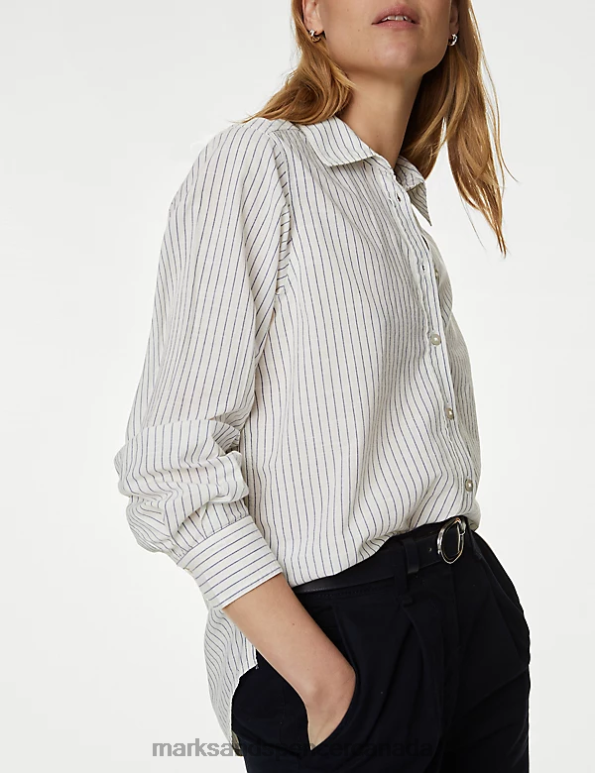 Women White Mix Clothing Marks & Spencer Pure Cotton Striped Collared Shirt 20VTD2702 - Marks and Spencer online