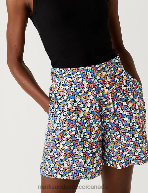 Marks and Spencer Canada - Women Dark Blue Mix Clothing Marks & Spencer Printed Pleat Front Shorts 20VTD1915
