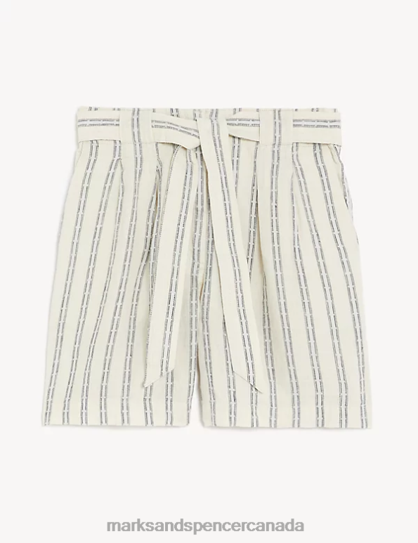 Women Ecru Mix Clothing Marks & Spencer Pure Linen Striped High Waisted Shorts 20VTD2941 - Marks and Spencer Canada locations