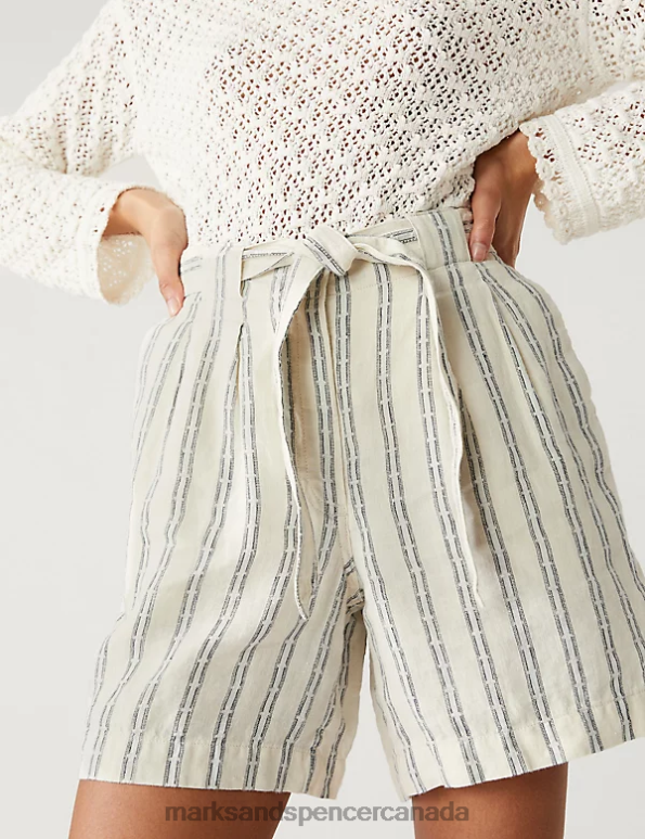 Women Ecru Mix Clothing Marks & Spencer Pure Linen Striped High Waisted Shorts 20VTD2941 - Marks and Spencer Canada locations