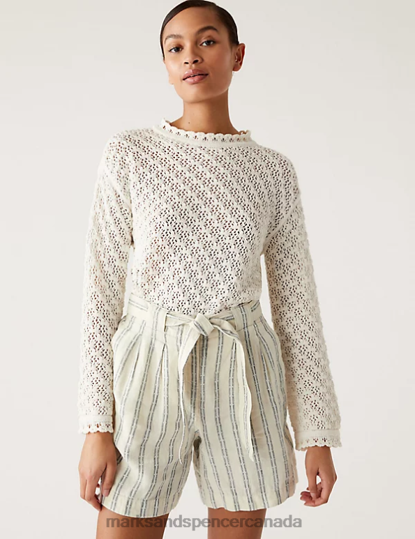 Women Ecru Mix Clothing Marks & Spencer Pure Linen Striped High Waisted Shorts 20VTD2941 - Marks and Spencer Canada locations