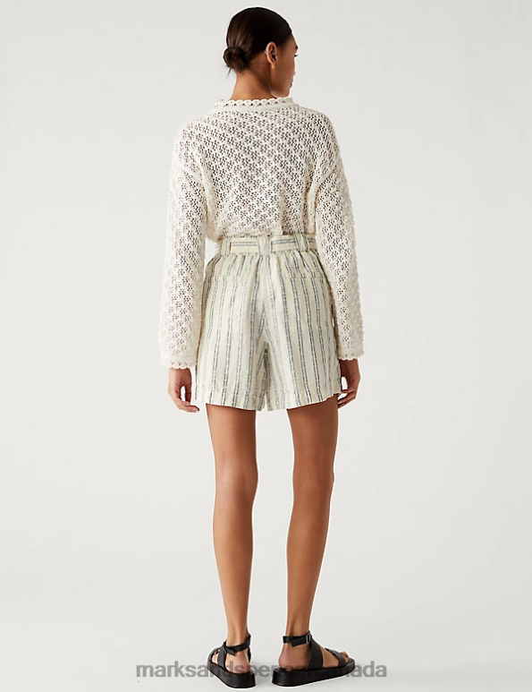 Women Ecru Mix Clothing Marks & Spencer Pure Linen Striped High Waisted Shorts 20VTD2941 - Marks and Spencer Canada locations
