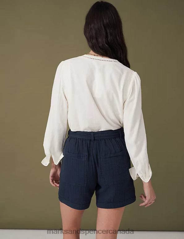 Women Navy Clothing Marks & Spencer Pure Cotton High Waisted Belted Shorts 20VTD2291 - Marks and Spencer outlet