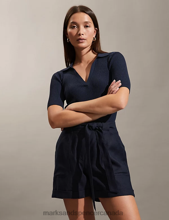 Marks and Spencer near me - Women Navy Clothing Marks & Spencer Pure Linen Belted Shorts 20VTD2182