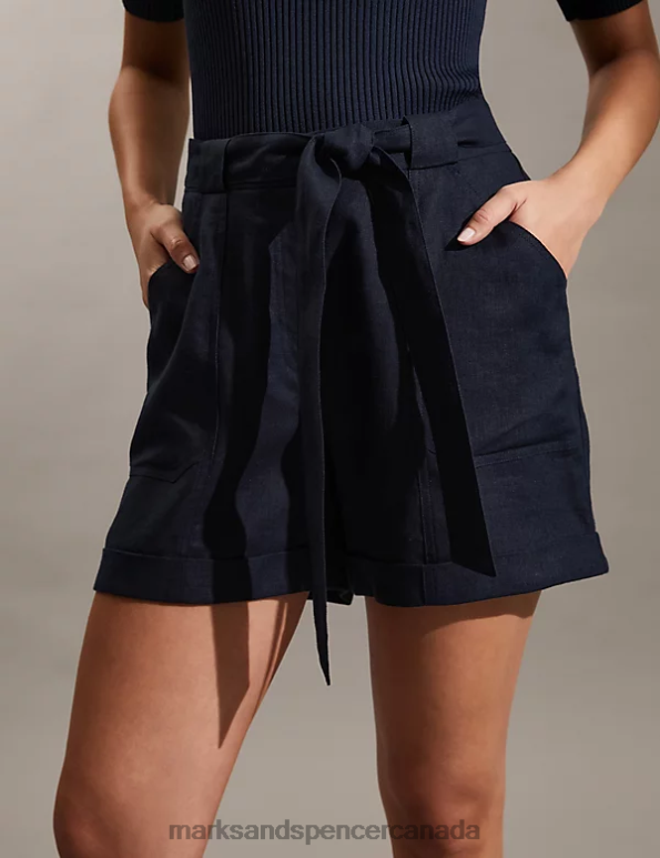 Marks and Spencer near me - Women Navy Clothing Marks & Spencer Pure Linen Belted Shorts 20VTD2182
