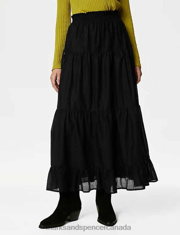 Women Black Clothing Marks & Spencer Pure Cotton Maxi Tiered Skirt 20VTD478 - Marks and Spencer outlet