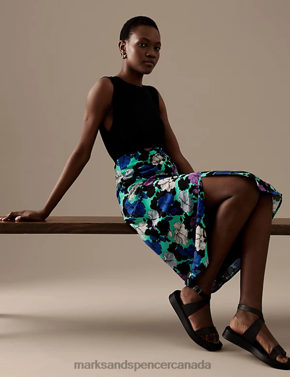 Women Black Mix Clothing Marks & Spencer Cupro Rich Printed Midi Wrap Skirt 20VTD1009 - Marks and Spencer online
