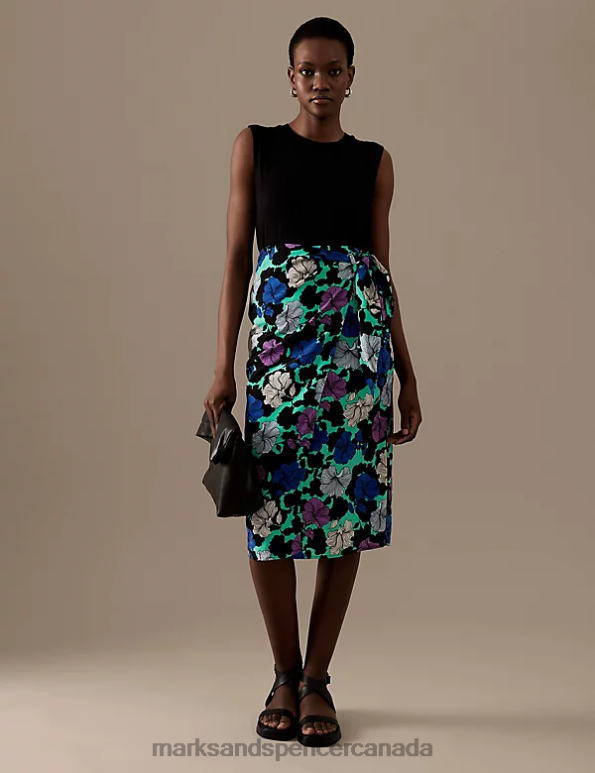 Women Black Mix Clothing Marks & Spencer Cupro Rich Printed Midi Wrap Skirt 20VTD1009 - Marks and Spencer online
