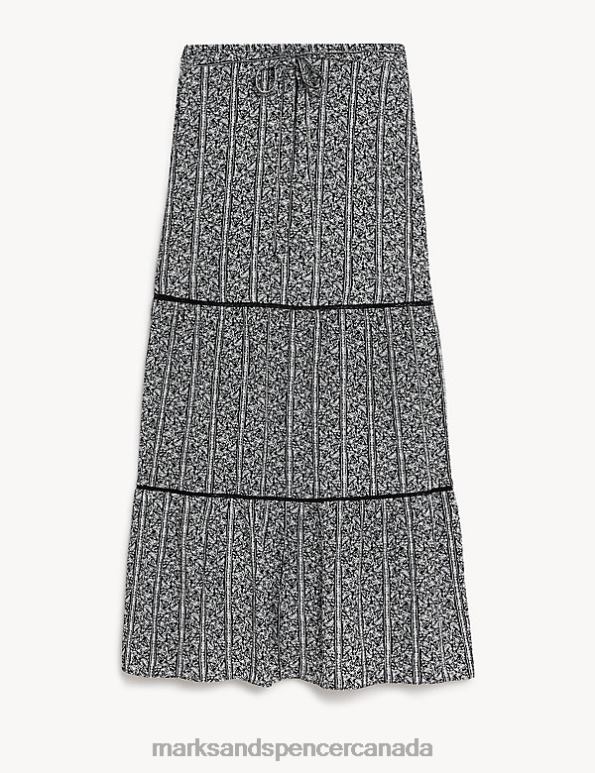 Marks and Spencer near me - Women Black Mix Clothing Marks & Spencer Printed Belted Maxi Tiered Skirt 20VTD2554