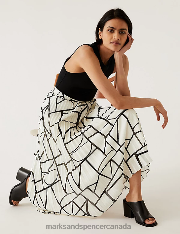 Women Black Mix Clothing Marks & Spencer Printed Pleated Midaxi Skirt 20VTD1671 - Marks and Spencer online
