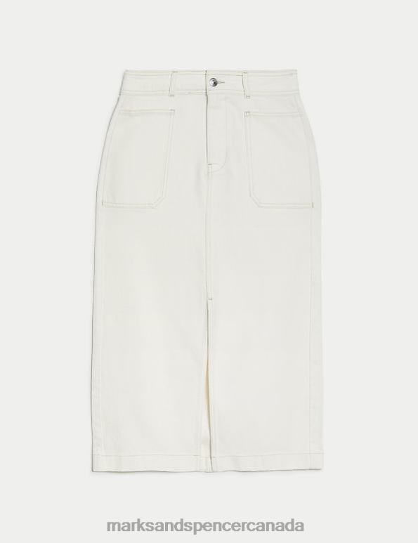 Women Ecru Clothing Marks & Spencer Lyocell Denim Midi Skirt 20VTD200 - Marks and Spencer Canada locations