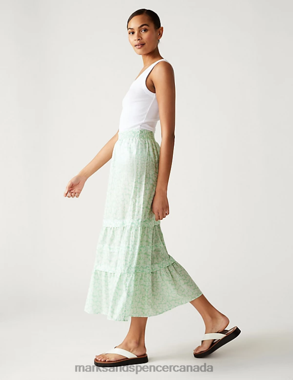 Marks and Spencer sale - Women Green Mix Clothing Marks & Spencer Pure Cotton Floral Midaxi Tiered Skirt 20VTD954