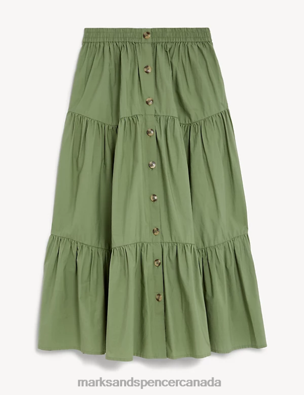Women Khaki Clothing Marks & Spencer Cotton Button Down Tiered Midi Skirt 20VTD852 - Marks and Spencer outlet