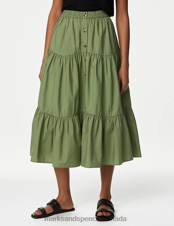 Women Khaki Clothing Marks & Spencer Cotton Button Down Tiered Midi Skirt 20VTD852 - Marks and Spencer outlet