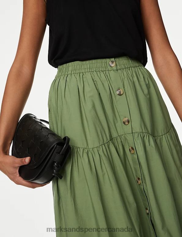 Women Khaki Clothing Marks & Spencer Cotton Button Down Tiered Midi Skirt 20VTD852 - Marks and Spencer outlet