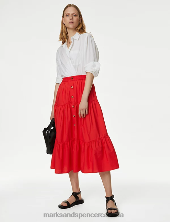 Women Red Clothing Marks & Spencer Cotton Button Down Tiered Midi Skirt 20VTD851 - Marks and Spencer Canada locations