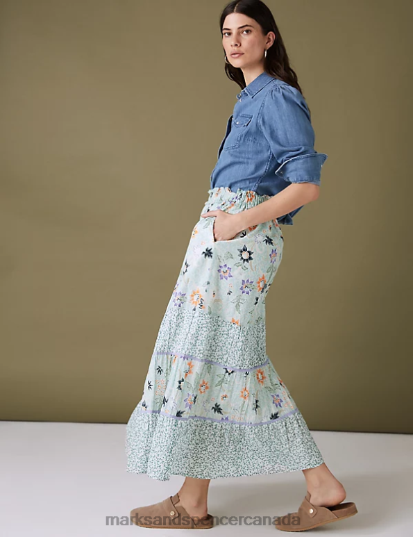 Marks and Spencer near me - Women Sea Green Clothing Marks & Spencer Pure Cotton Floral Maxi Tiered Skirt 20VTD2938