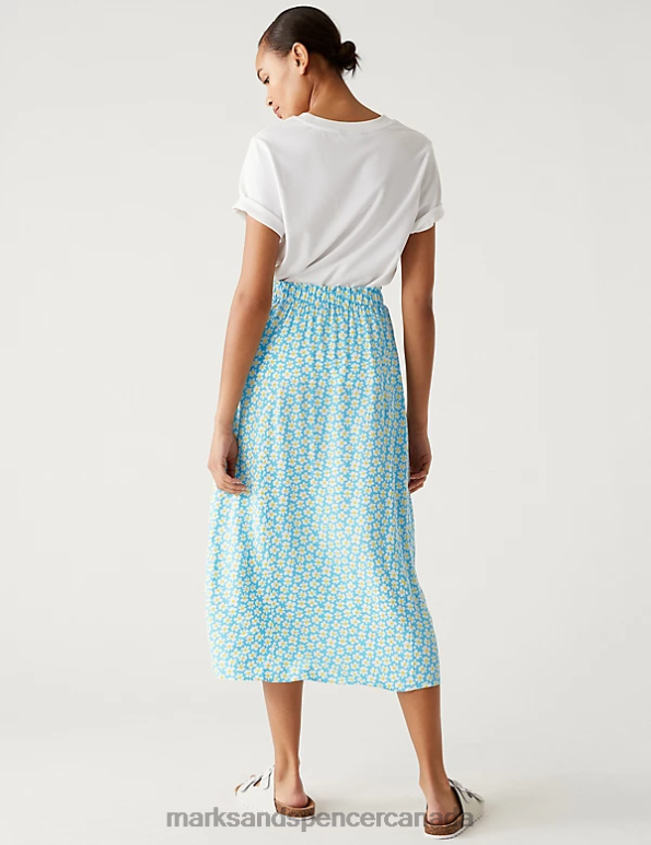 Marks and Spencer Canada - Women Turquoise Mix Clothing Marks & Spencer Printed Side Split Midi A-Line Skirt 20VTD3154
