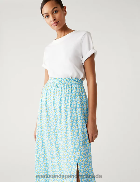 Marks and Spencer Canada - Women Turquoise Mix Clothing Marks & Spencer Printed Side Split Midi A-Line Skirt 20VTD3154