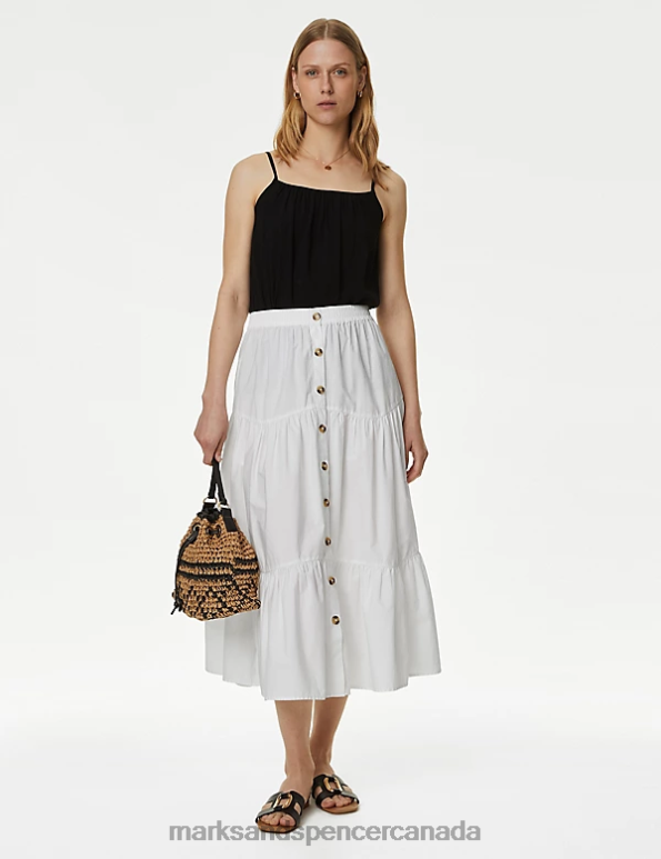 Women White Clothing Marks & Spencer Cotton Button Down Tiered Midi Skirt 20VTD850 - Marks and Spencer online