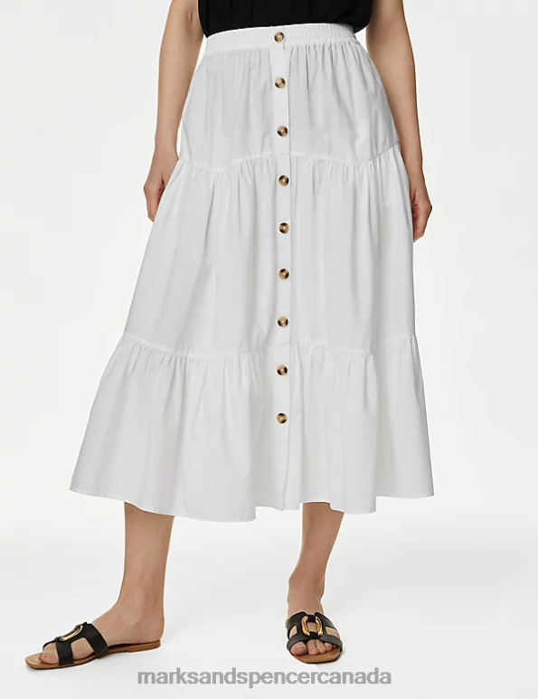 Women White Clothing Marks & Spencer Cotton Button Down Tiered Midi Skirt 20VTD850 - Marks and Spencer online