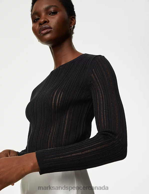 Women Black Clothing Marks & Spencer Cotton Blend Textured Crew Neck Jumper 20VTD412 - Marks and Spencer Canada locations
