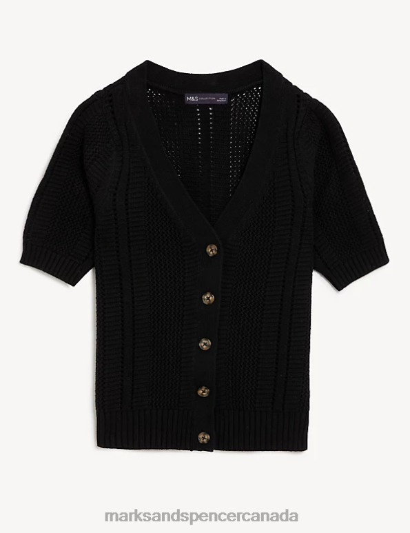Women Black Clothing Marks & Spencer Cotton Rich Textured V-Neck Cardigan 20VTD2151 - Marks and Spencer online