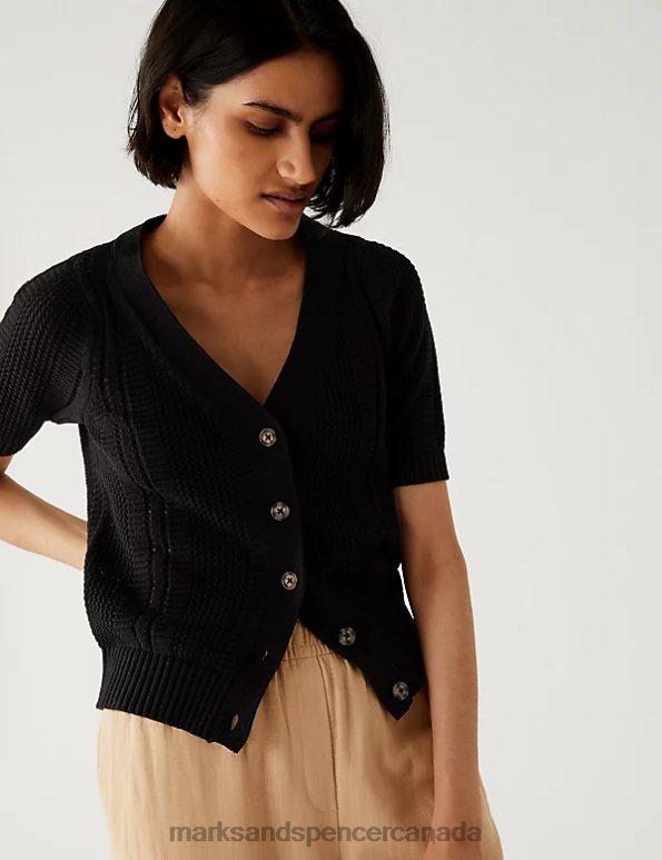 Women Black Clothing Marks & Spencer Cotton Rich Textured V-Neck Cardigan 20VTD2151 - Marks and Spencer online