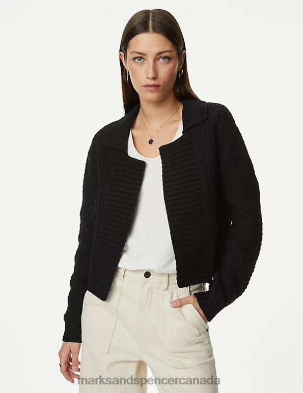 Women Black Clothing Marks & Spencer Knitted Collared Cardigan With Wool 20VTD505 - Marks and Spencer Canada locations