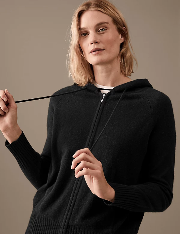 Women Black Clothing Marks & Spencer Pure Cashmere Knitted Relaxed Hoodie 20VTD2678 - Marks and Spencer online