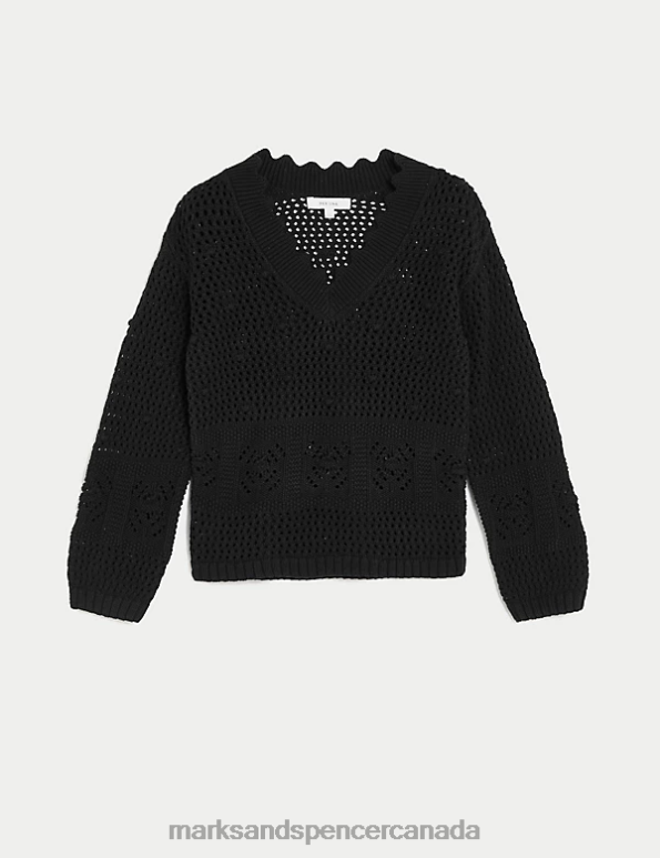 Marks and Spencer near me - Women Black Clothing Marks & Spencer Pure Cotton V-Neck Scallop Edge Jumper 20VTD225